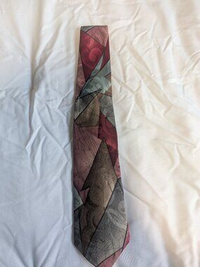 Ferracci Extra Long 100% Silk Men's Neck Tie Abstract Geometric Burgundy Gray
